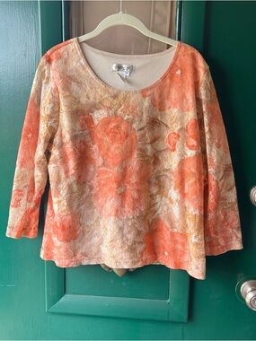 Coldwater Creek Coral & Cream Floral Long Sleeve Top